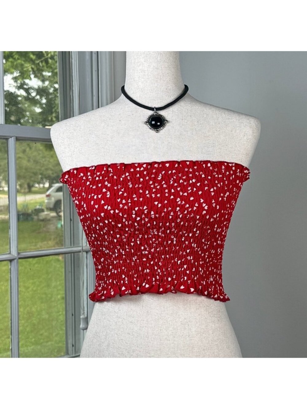 Red Smocked Halter Tube Top White Heart Print Medium Ruffles Romantic Vacation